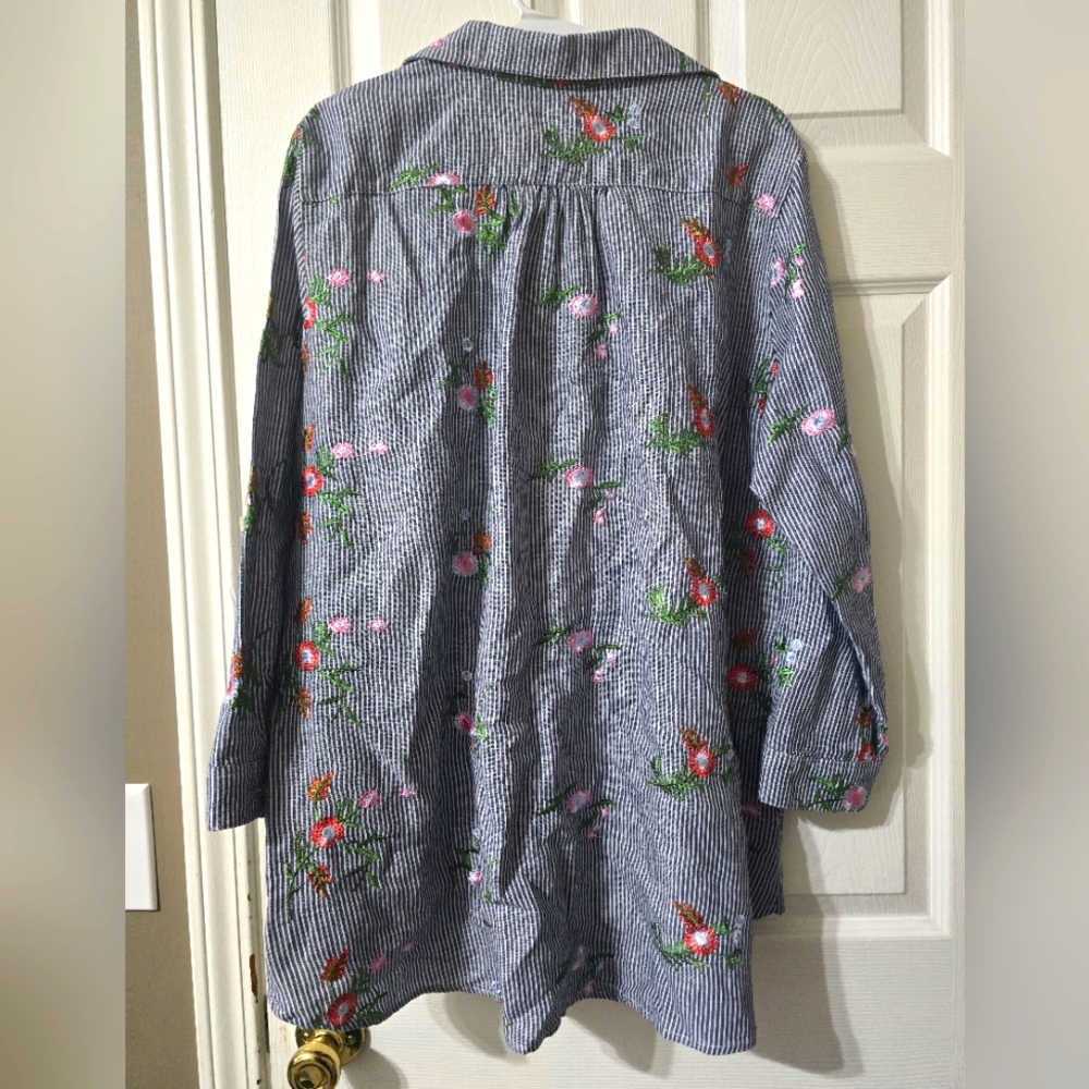 For Cynthia Linen & Cotton Striped Floral Embroidered Popover Tunic, Sz 2X, EUC! - Picture 8 of 14